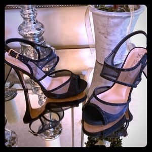 Black crystal embellished mesh heels